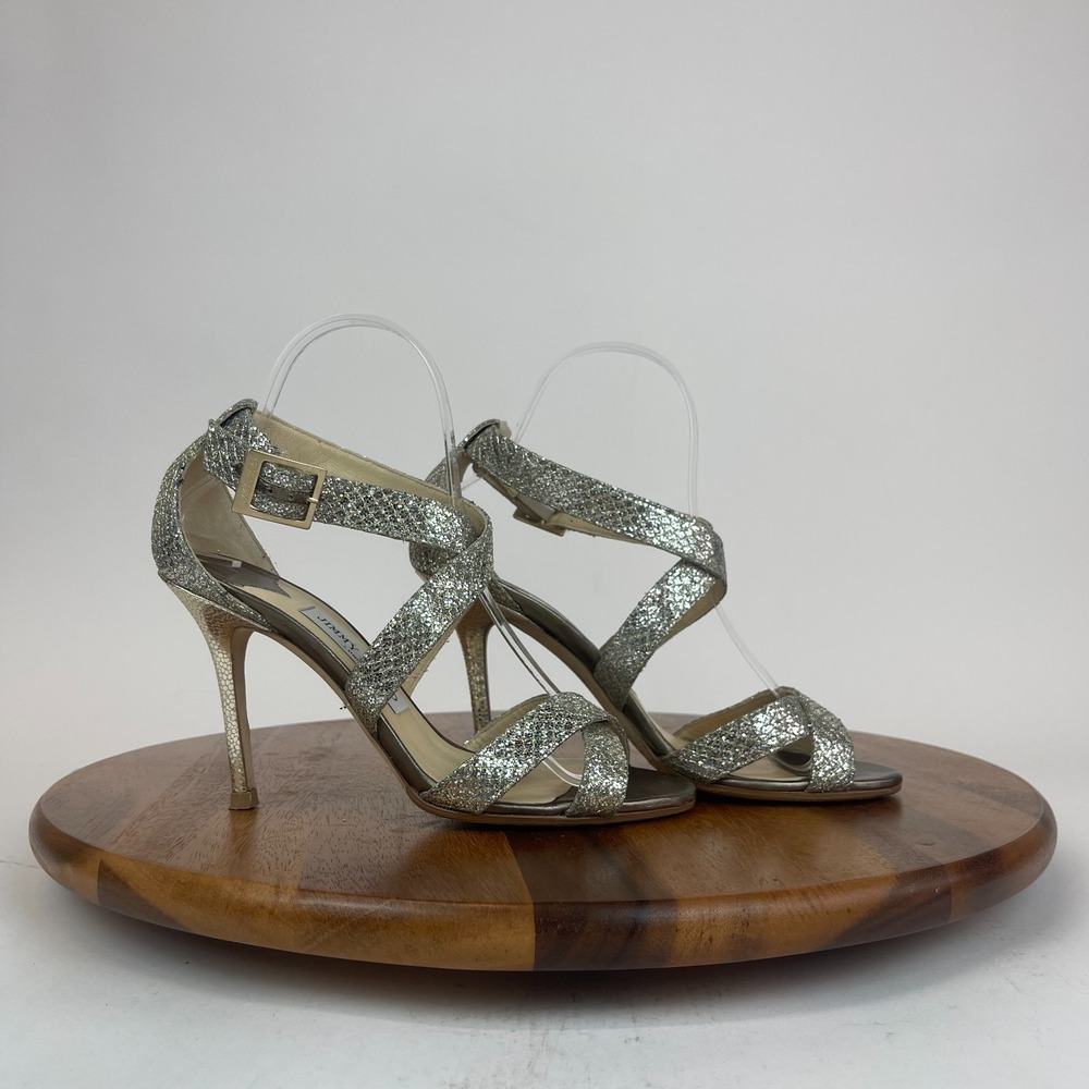 Women's Jimmy Choo Silver Glitter Leather Ankle Strappy High Heels 38 US 8 GUC
